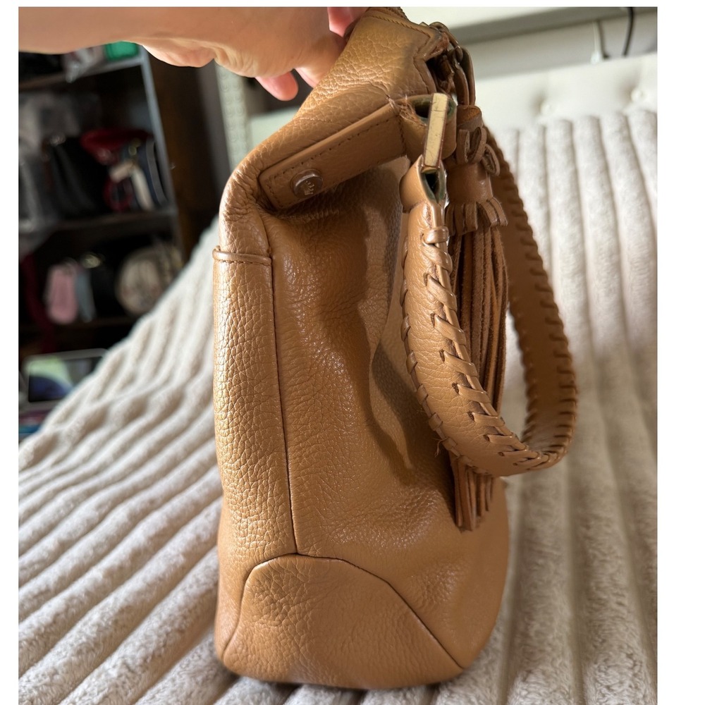 Elaine Turner Tan Pebbled Leather Hobo Bag Braided Strap Tassel Pink Lining - Picture 9 of 11